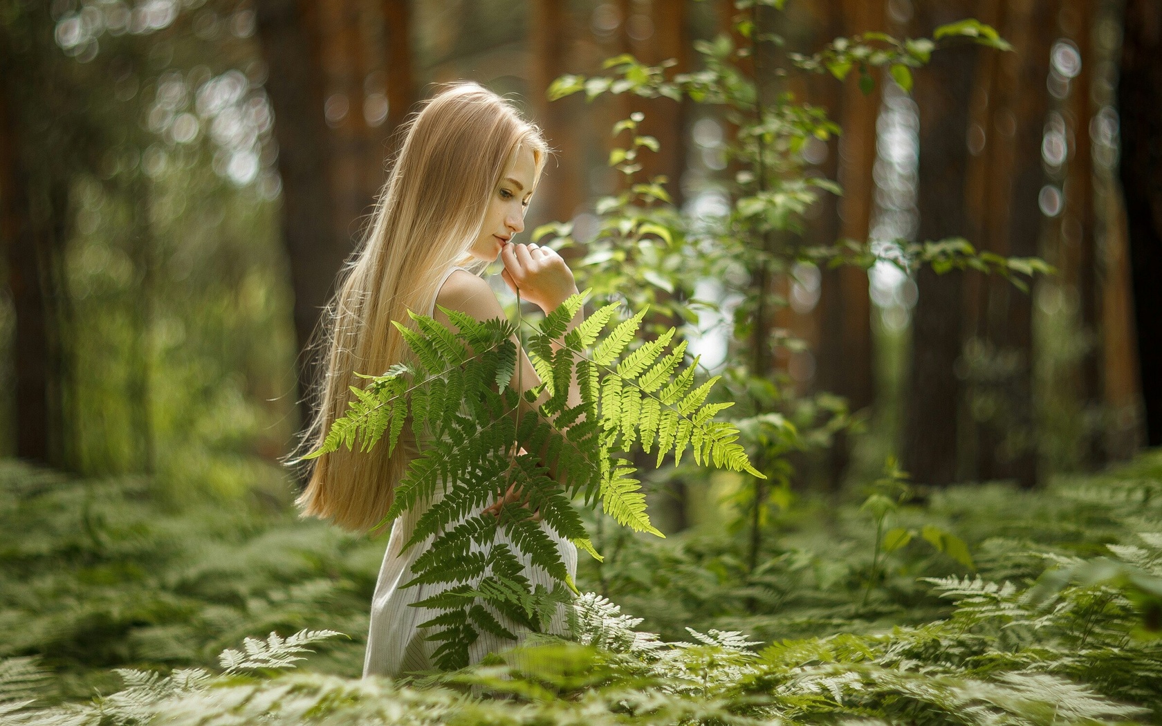 nature, plants, trees, blonde, women outdoors, model, women, white dress, forest, girl