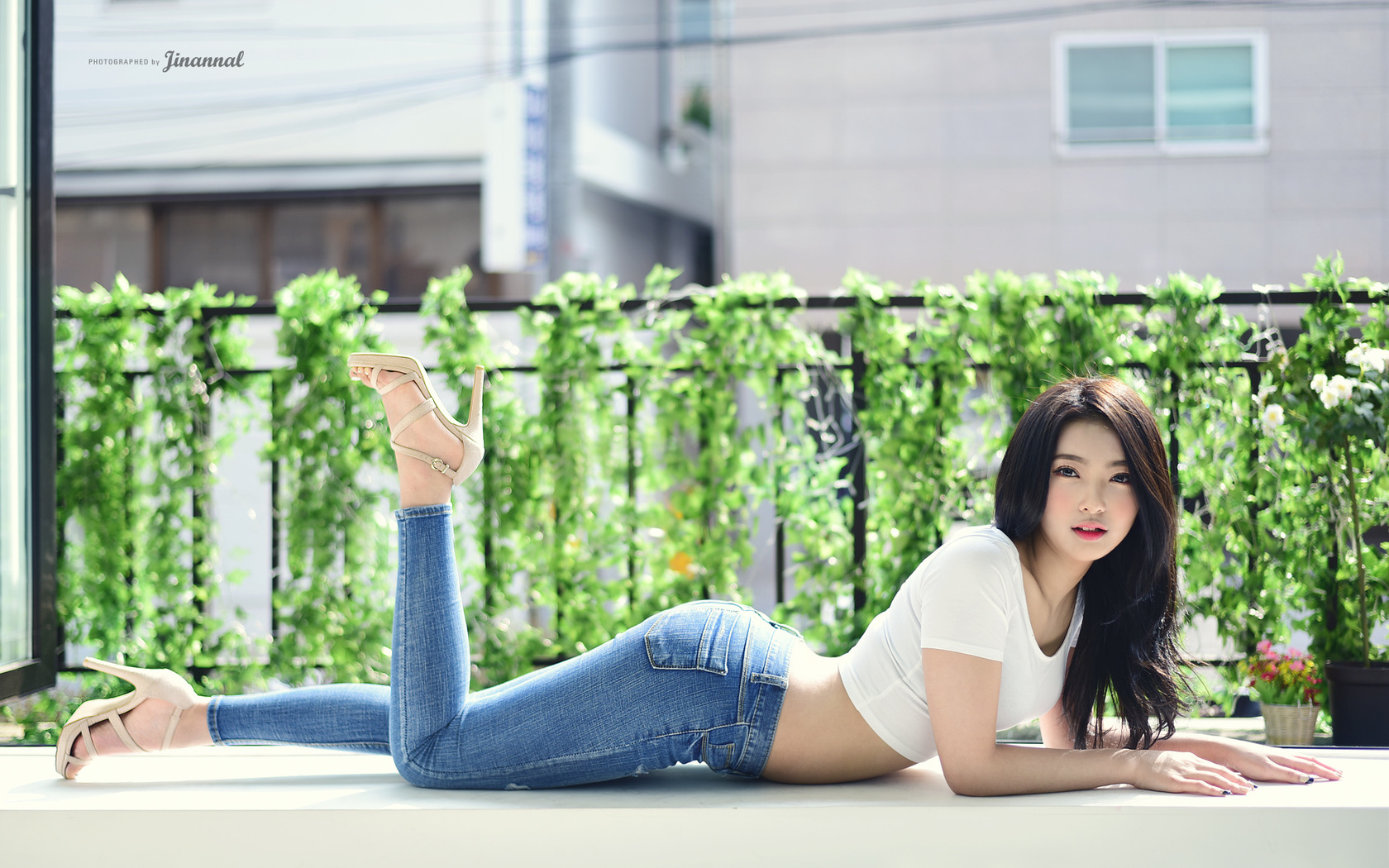 asian, jeans, short tops, t-shirt, high heels, black hair, white tops, tight jeans, lying on front, looking at viewer, brunette, women, model