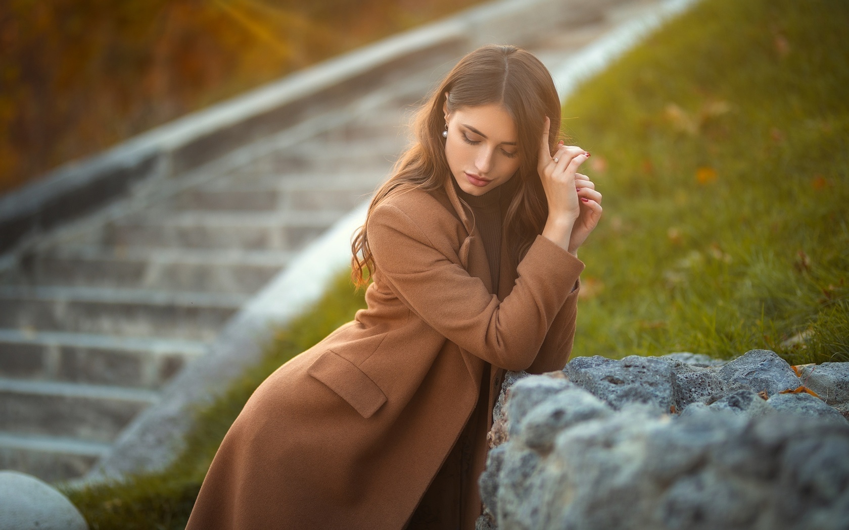 , dmitry shulgin, women, brunette, women outdoors, trench coat, brown coat, women, grass, stairs, red nails