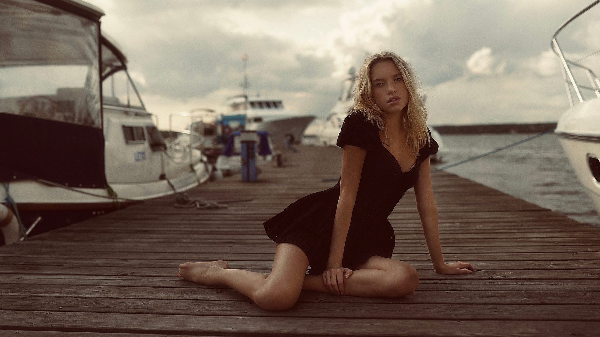 andrey popov, women outdoors, boat, sky clouds, black dress, nature, blonde, model, women, girl, water, looking at viewer