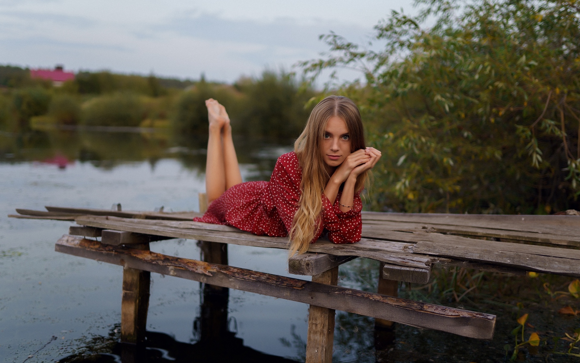 polka dots, women outdoors, lake, water, nature, sky, clouds, women, girl, model, blonde, looking at viewer, trees, dress, red dress