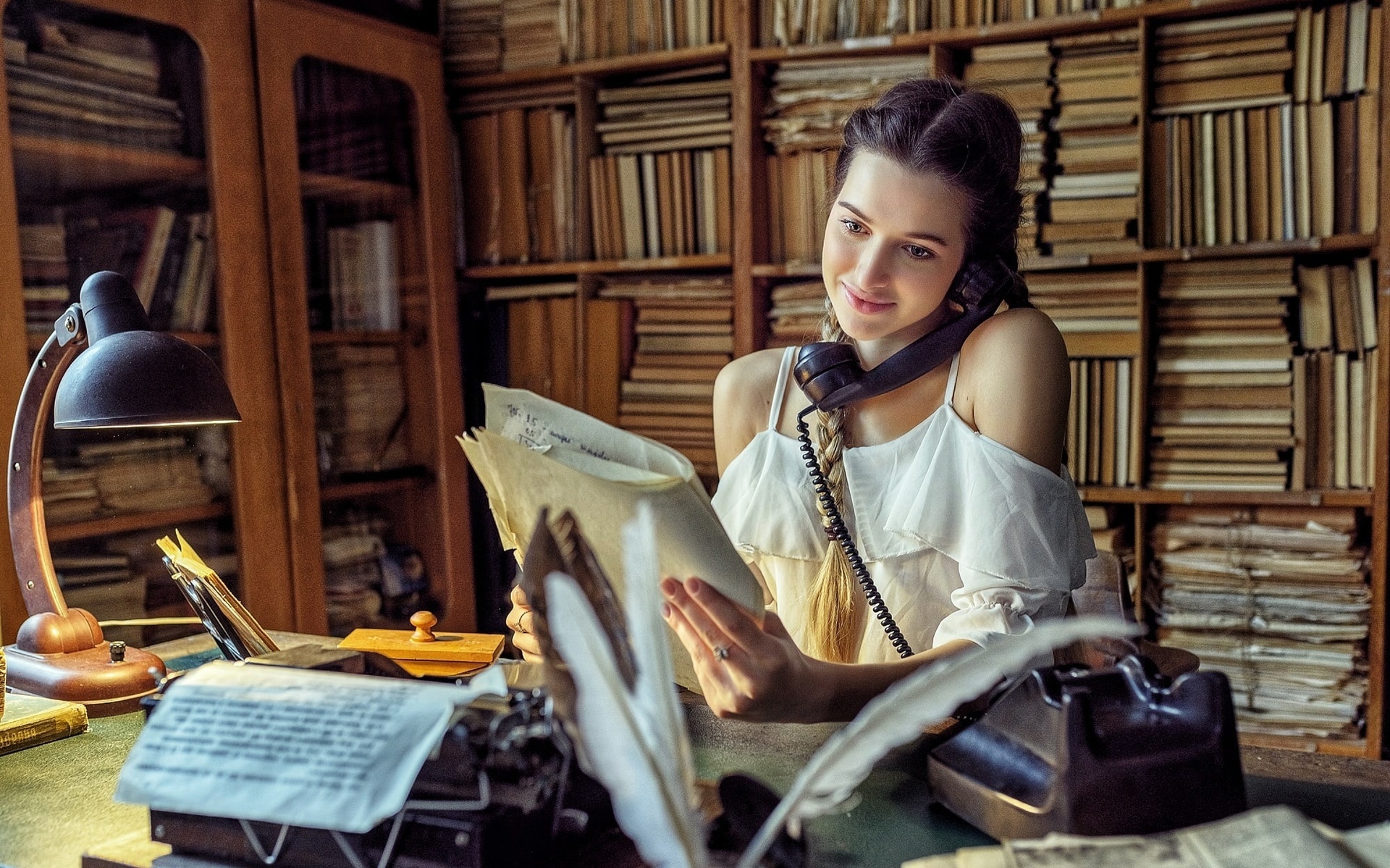 sergey marinov, girl, brunette, bookcase, lamp, desk, desk lamp, telephone, typewriter, braids, twintails, white blouse, women indoors, blouse