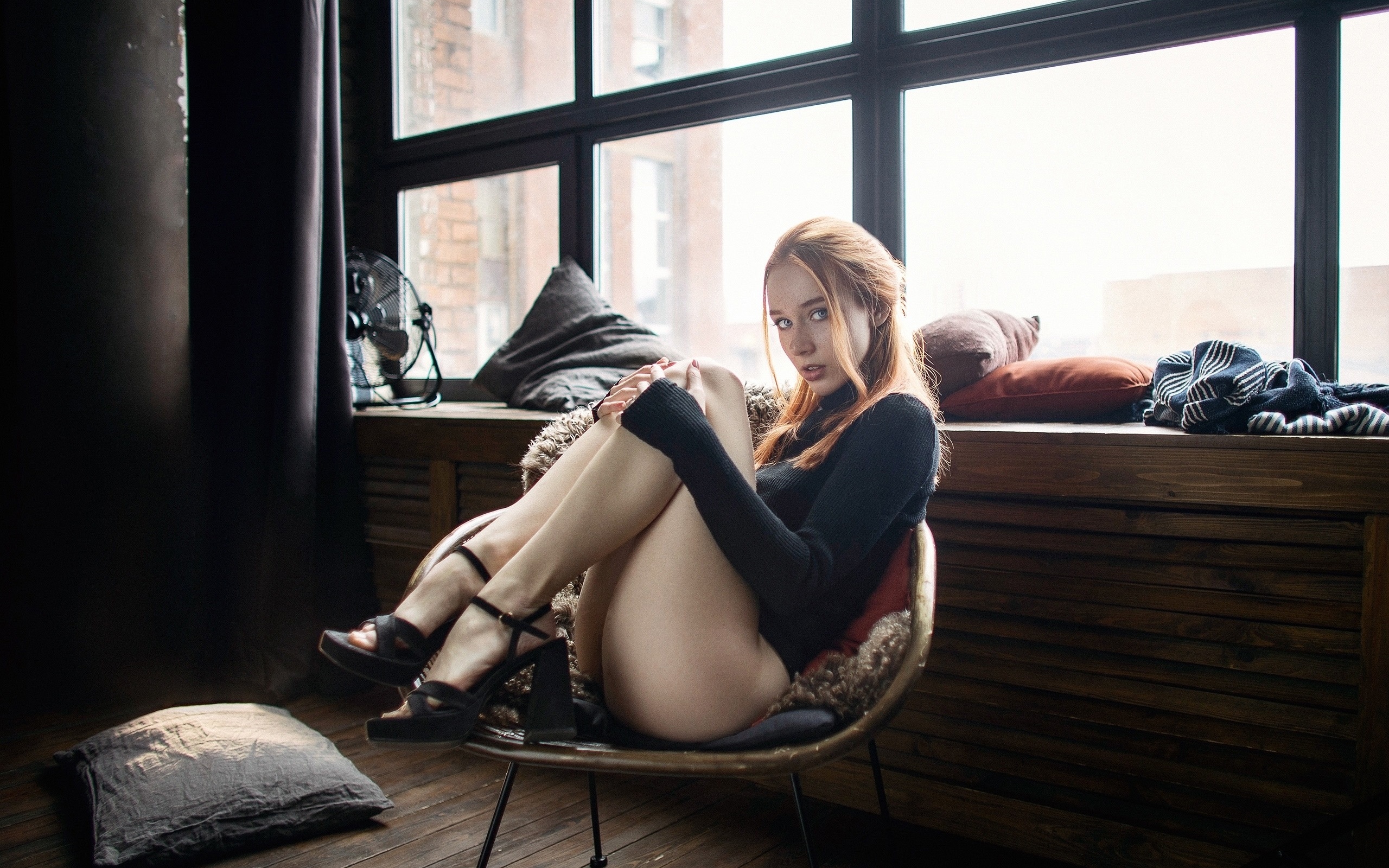 bodysuit, black bodysuit, elizaveta kurilko, maksim chuprin, window, women indoors, ass, model, women, redhead, freckles, looking at viewer