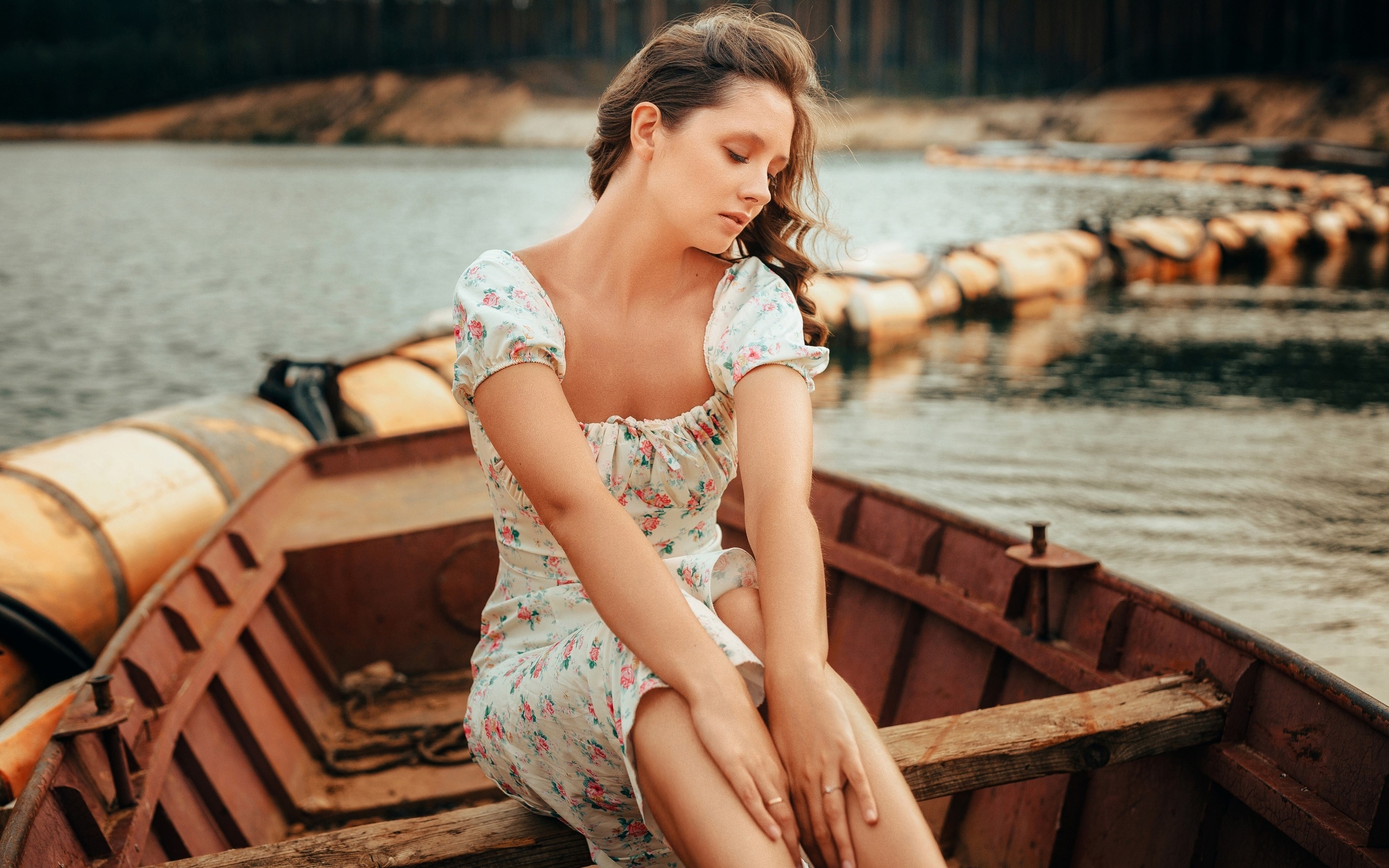 disha shemetova, boat, summer dress, women outdoors, lake, nature, trees, pine trees, brunette, model, women, sitting