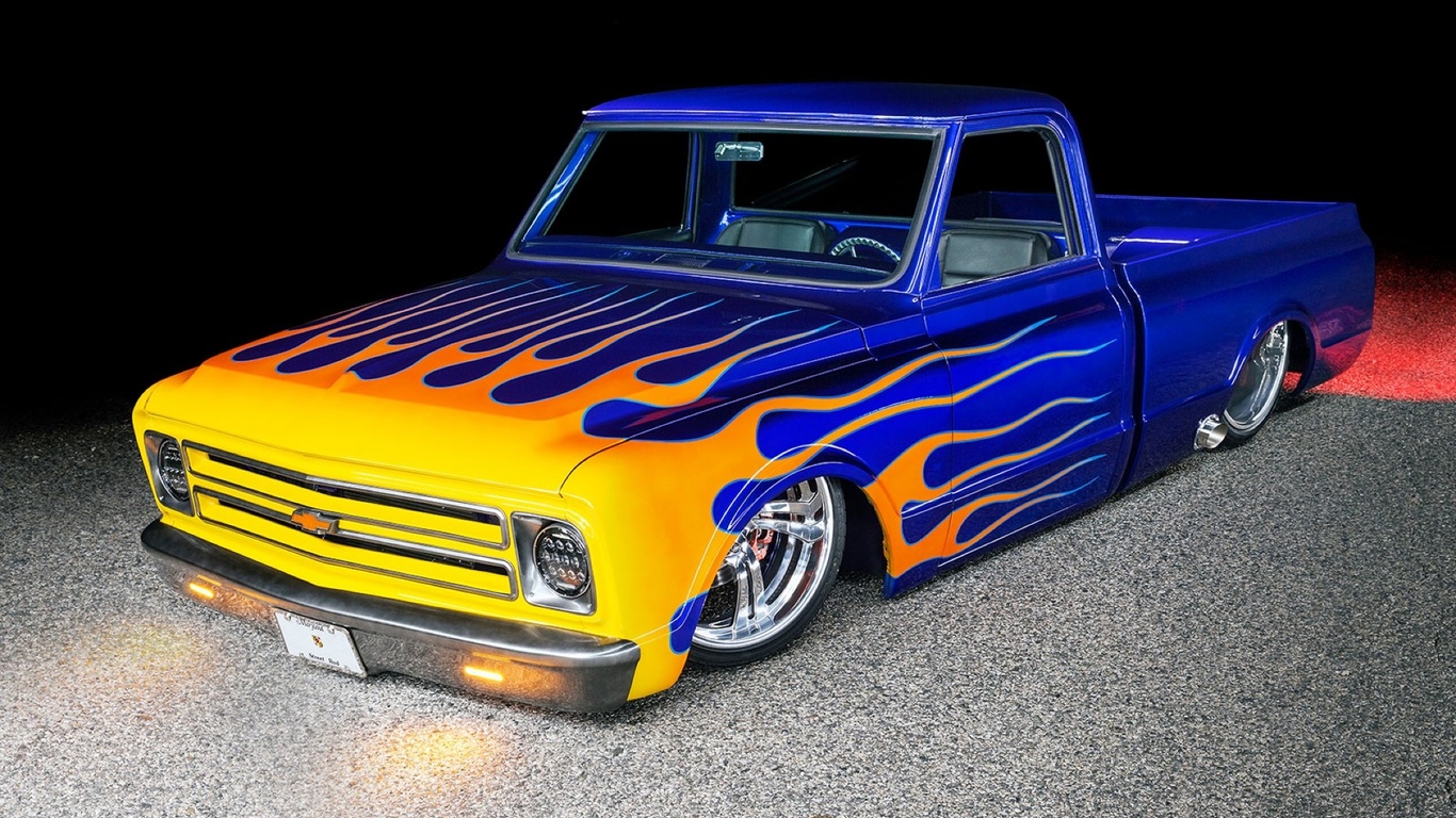 1968 chevy fleetside, gm, blue, flames, slammed, custom, classic