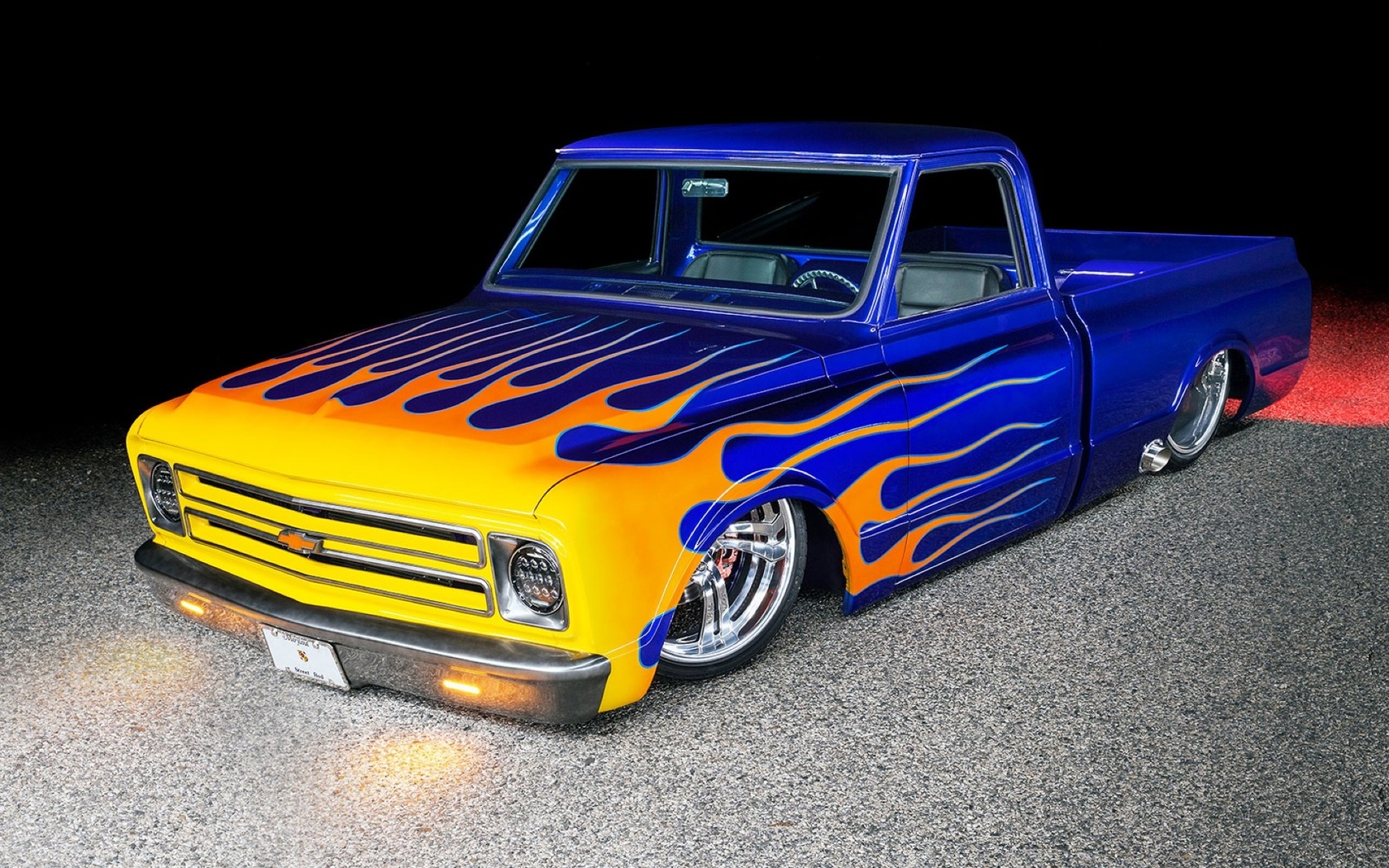 1968 chevy fleetside, gm, blue, flames, slammed, custom, classic