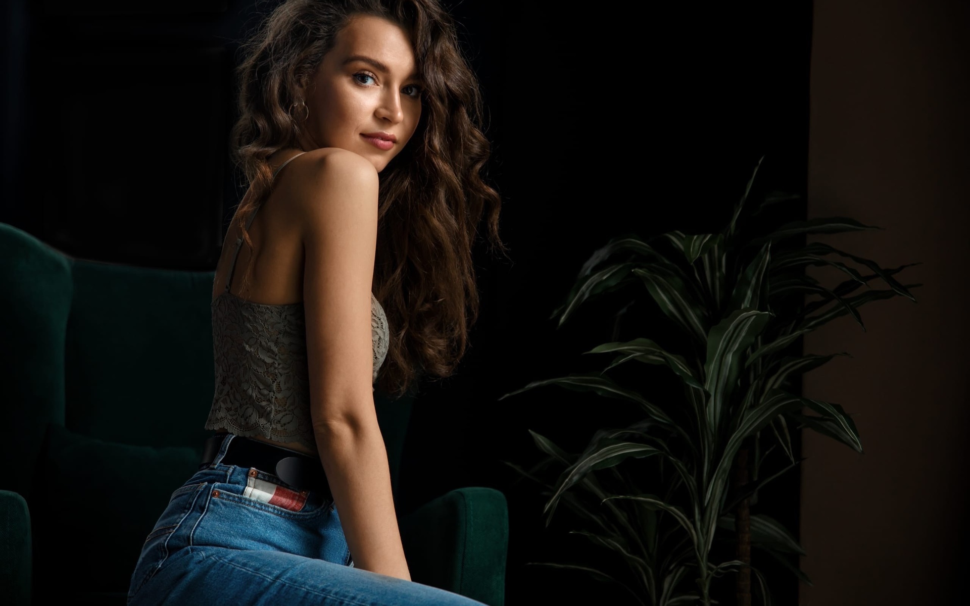 , jeans, blouse, sitting, women indoors, armchair, women, model, brunette, looking at viewer