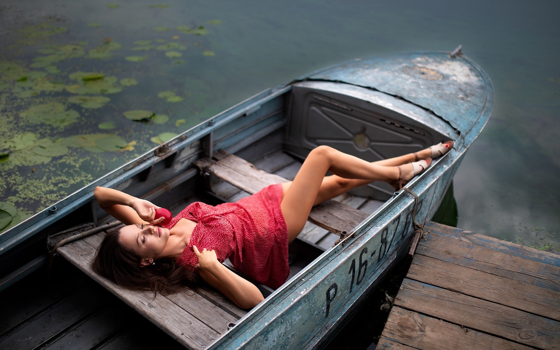 dmitry shulgin, , brunette, women outdoors, boat, summer dress, red dress, lake, closed eyes, women, model, water, nature