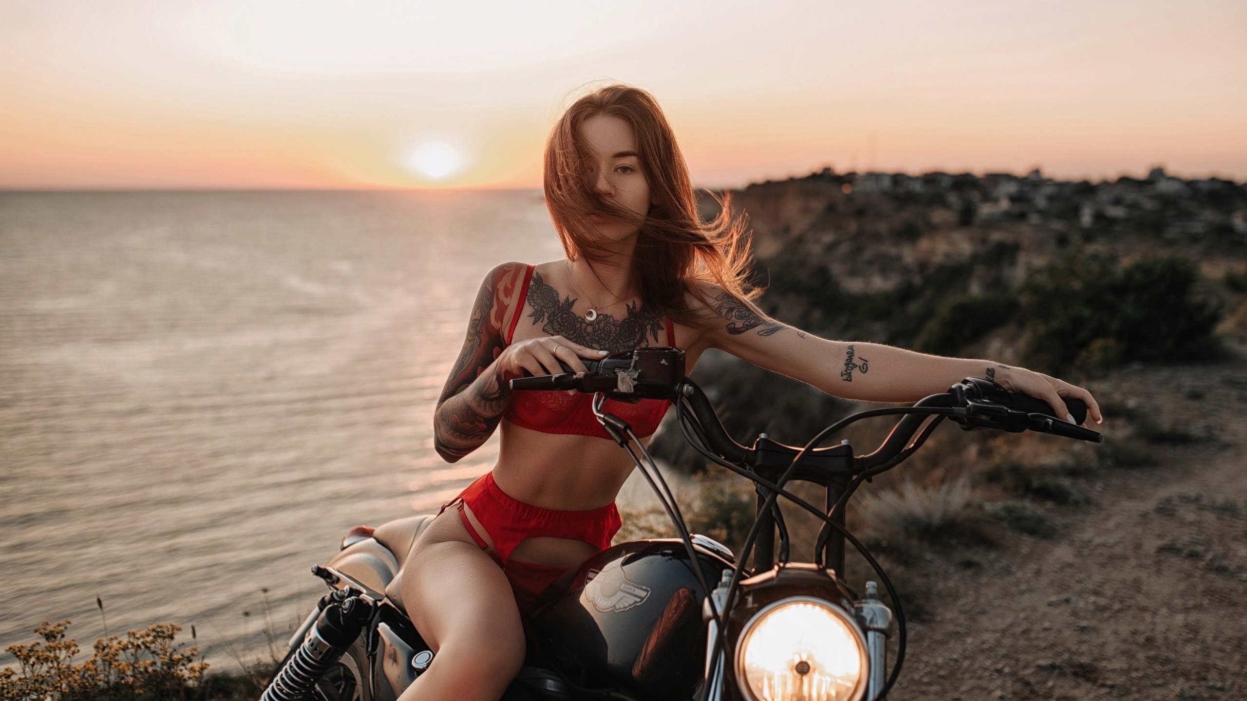 , women with motorcycles, sunset, women outdoors, red lingerie, red panties, red bra, ass, hips, tattoo, redhead, women, model, beach, sea, , harley davidson, harley-davidson, motorcycle