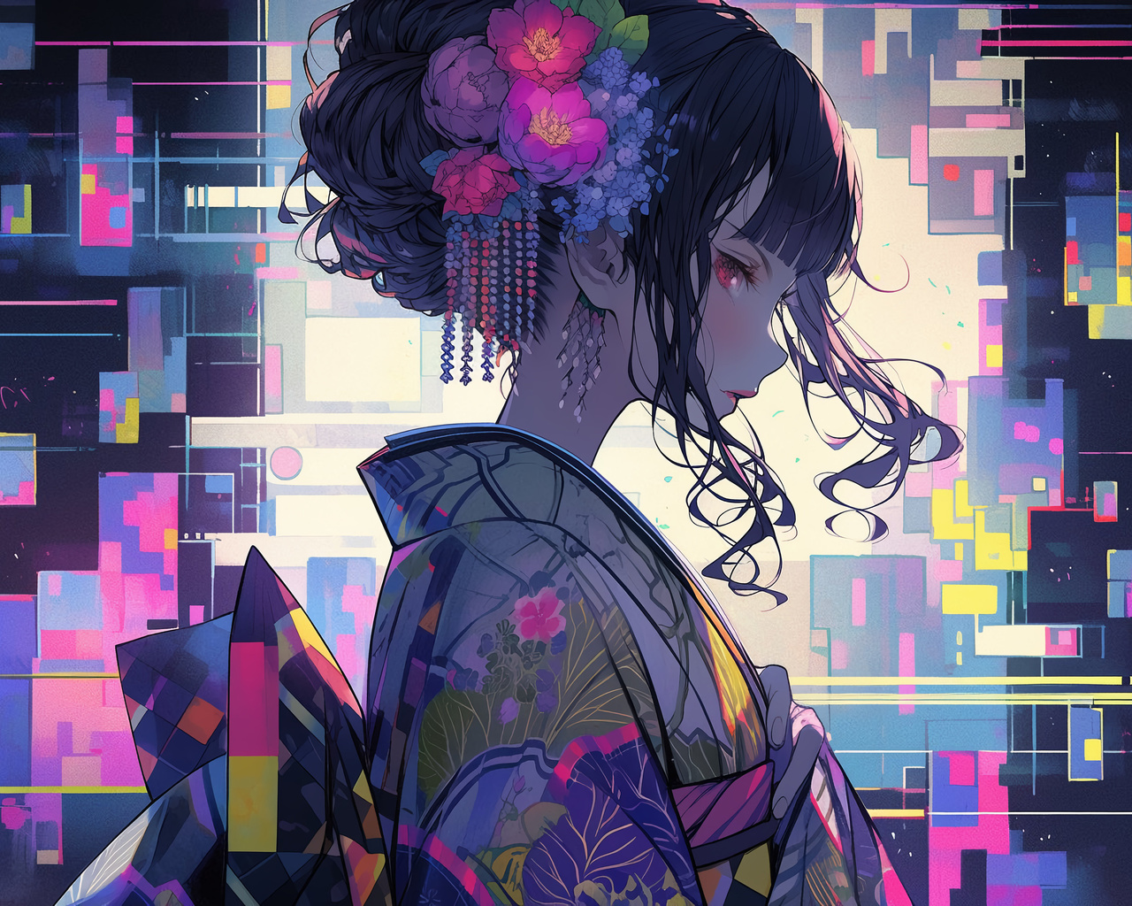 , ai art, brunette, kimono, digital art, asian, abstract, colorful, red eyes