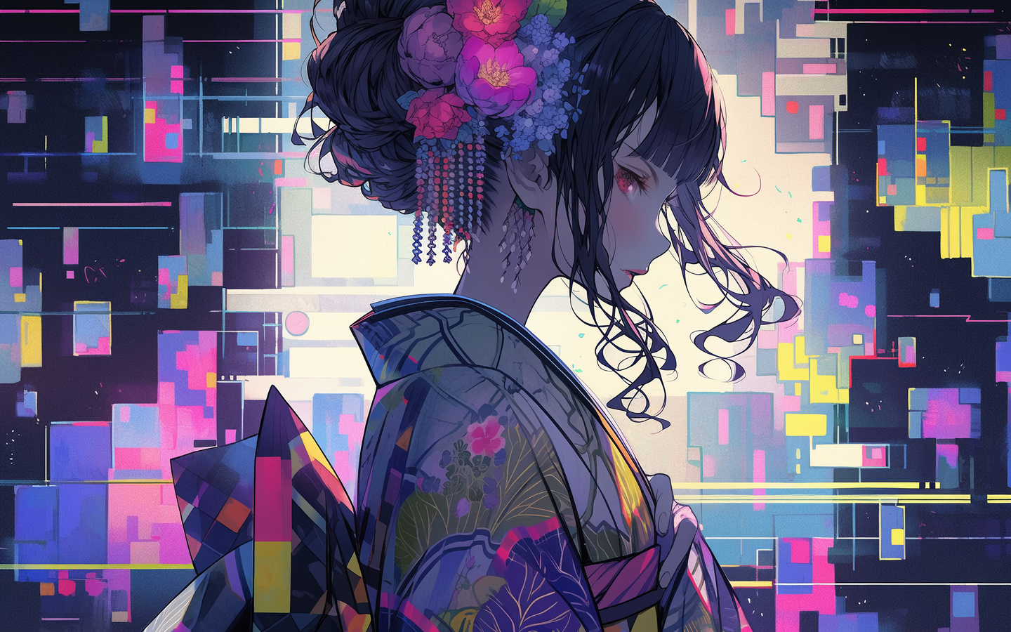 , ai art, brunette, kimono, digital art, asian, abstract, colorful, red eyes