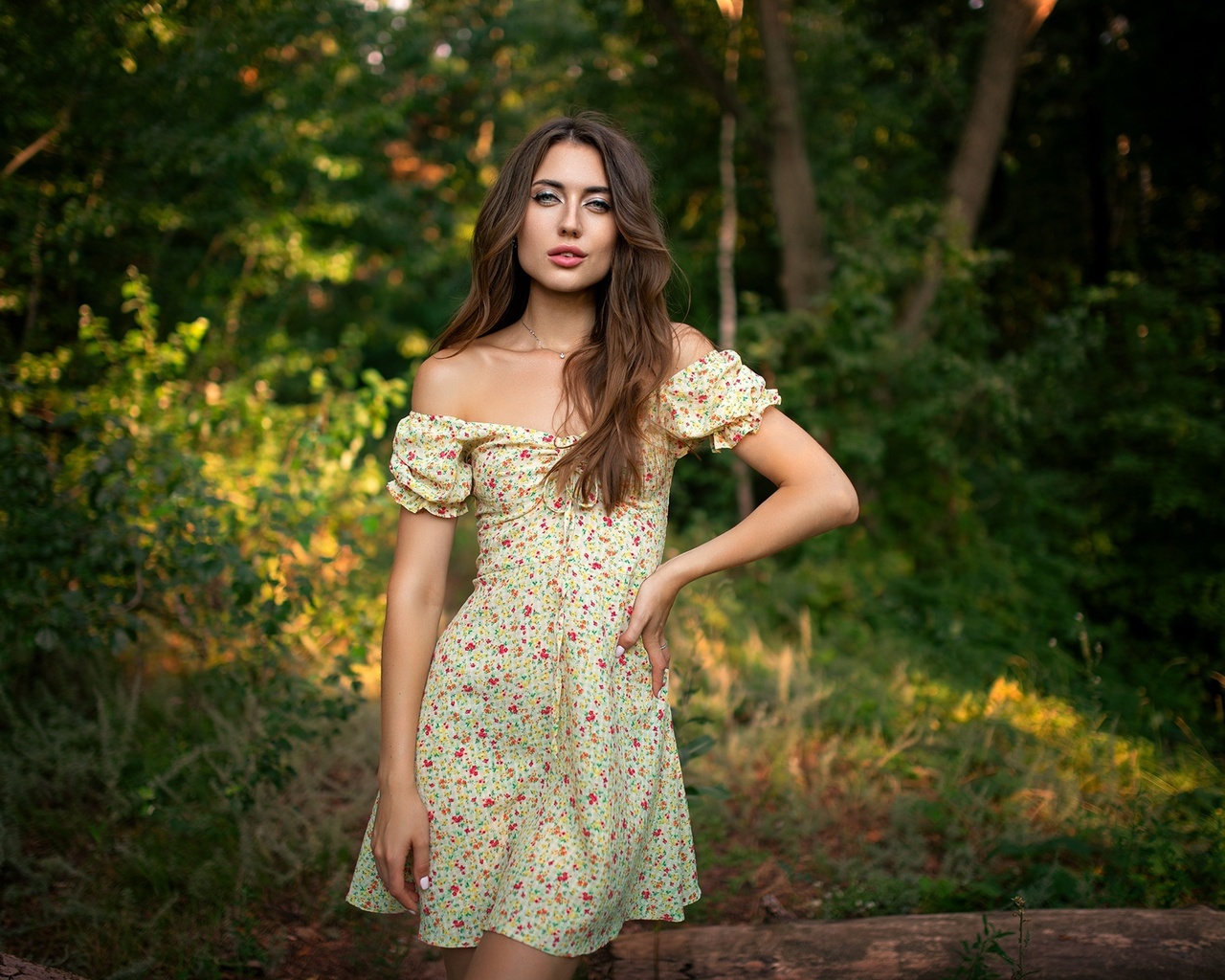 dmitry shulgin, summer dress, , nature, brunette, outdoors, plants, trees, bare shoulders, forest, model, looking at viewer, standing