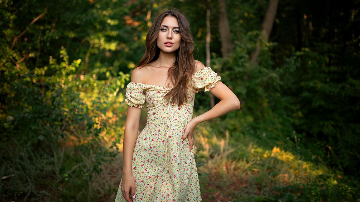 dmitry shulgin, summer dress, , nature, brunette, outdoors, plants, trees, bare shoulders, forest, model, looking at viewer, standing