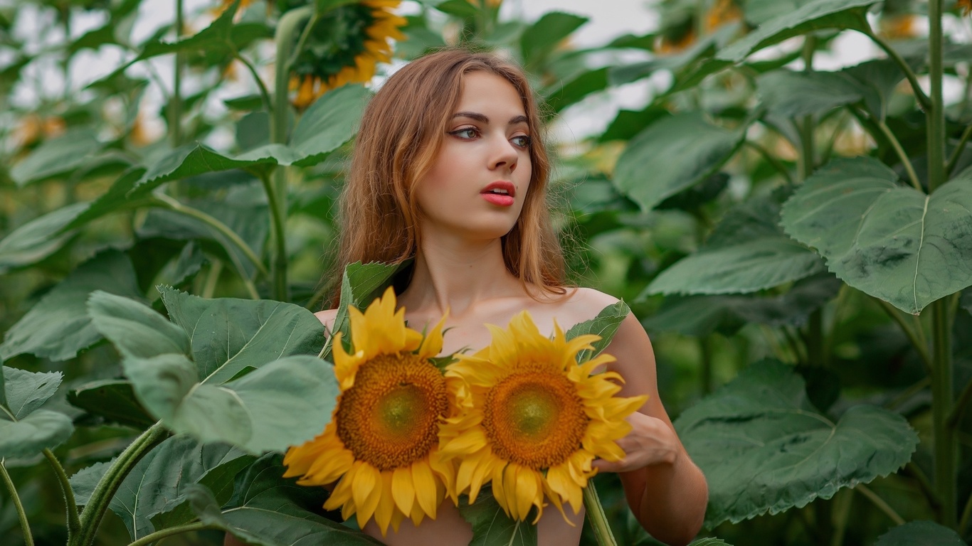 , oxana gromova, model, outdoors, brunette, sunflowers, no bra, plants, red lipstick, nature