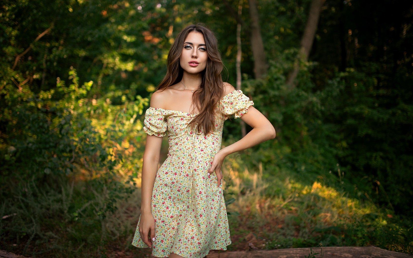 dmitry shulgin, summer dress, , nature, brunette, outdoors, plants, trees, bare shoulders, forest, model, looking at viewer, standing