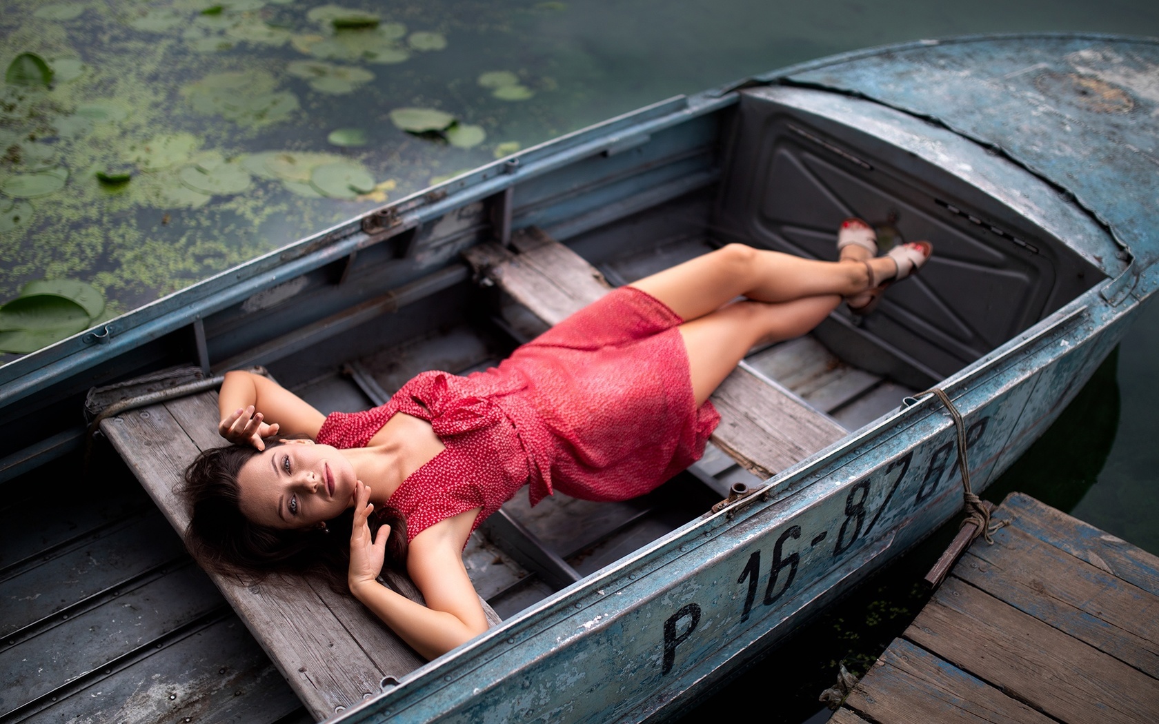 , dmitry shulgin, outdoors, red dress, brunette, boat, lake, water, model, red lipstick, summer dress, nature