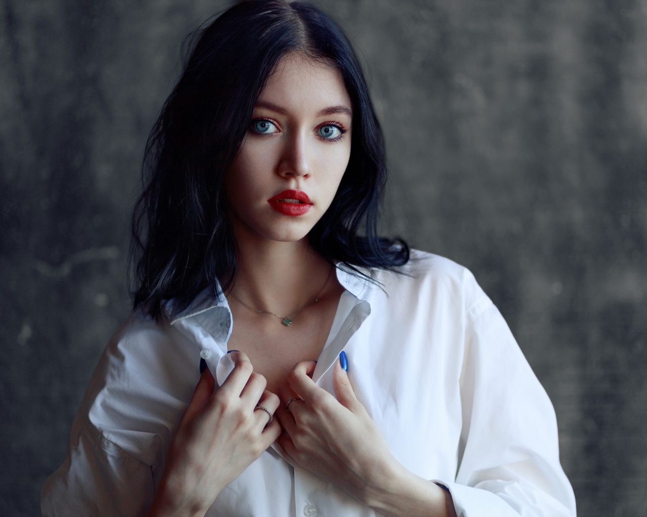 evgeniy bulatov, , indoors, brunette, blue eyes, studio, red lipstick, white shirt, model, looking at viewer, face