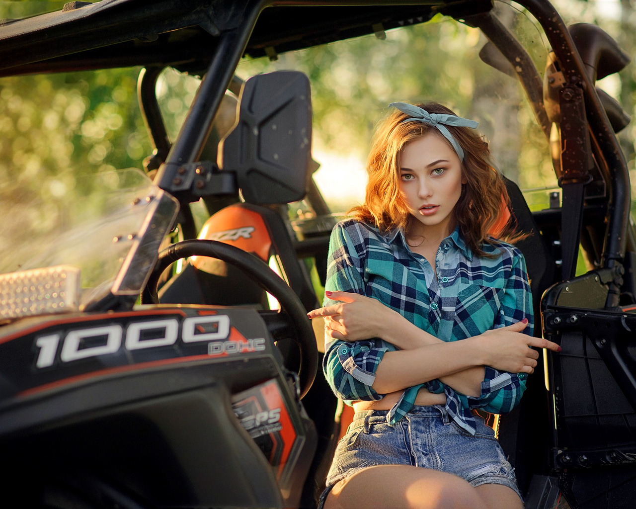 ,  , denis lytkin, polaris rzr xp 1000, blonde, jean shorts, plaid shirt, model, women with cars, women outdoors, bokeh, arms crossed