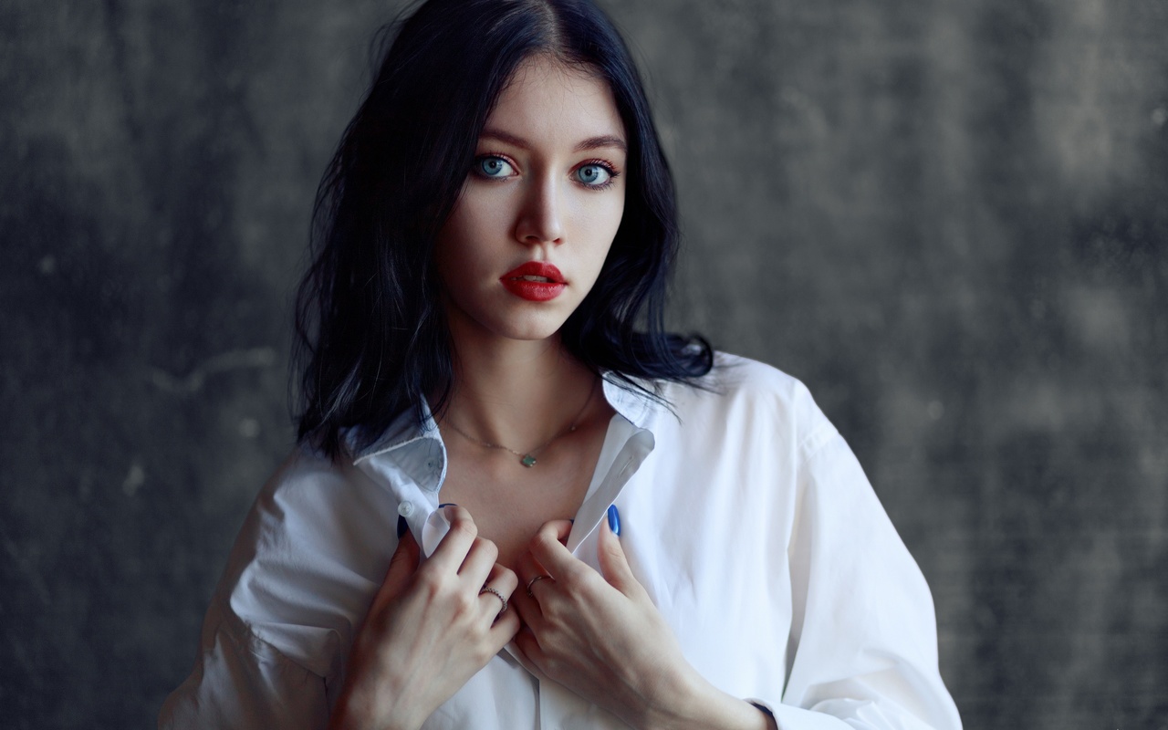 evgeniy bulatov, , indoors, brunette, blue eyes, studio, red lipstick, white shirt, model, looking at viewer, face