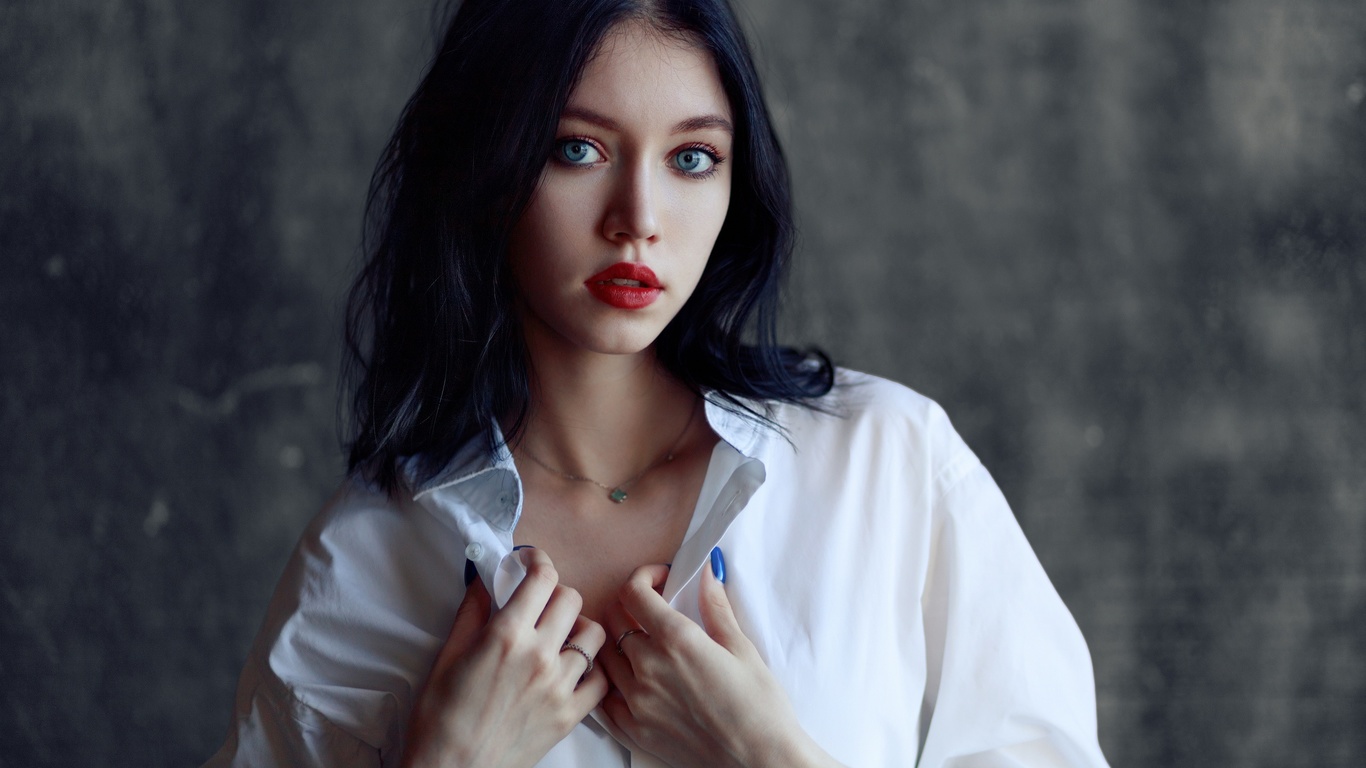 evgeniy bulatov, , indoors, brunette, blue eyes, studio, red lipstick, white shirt, model, looking at viewer, face