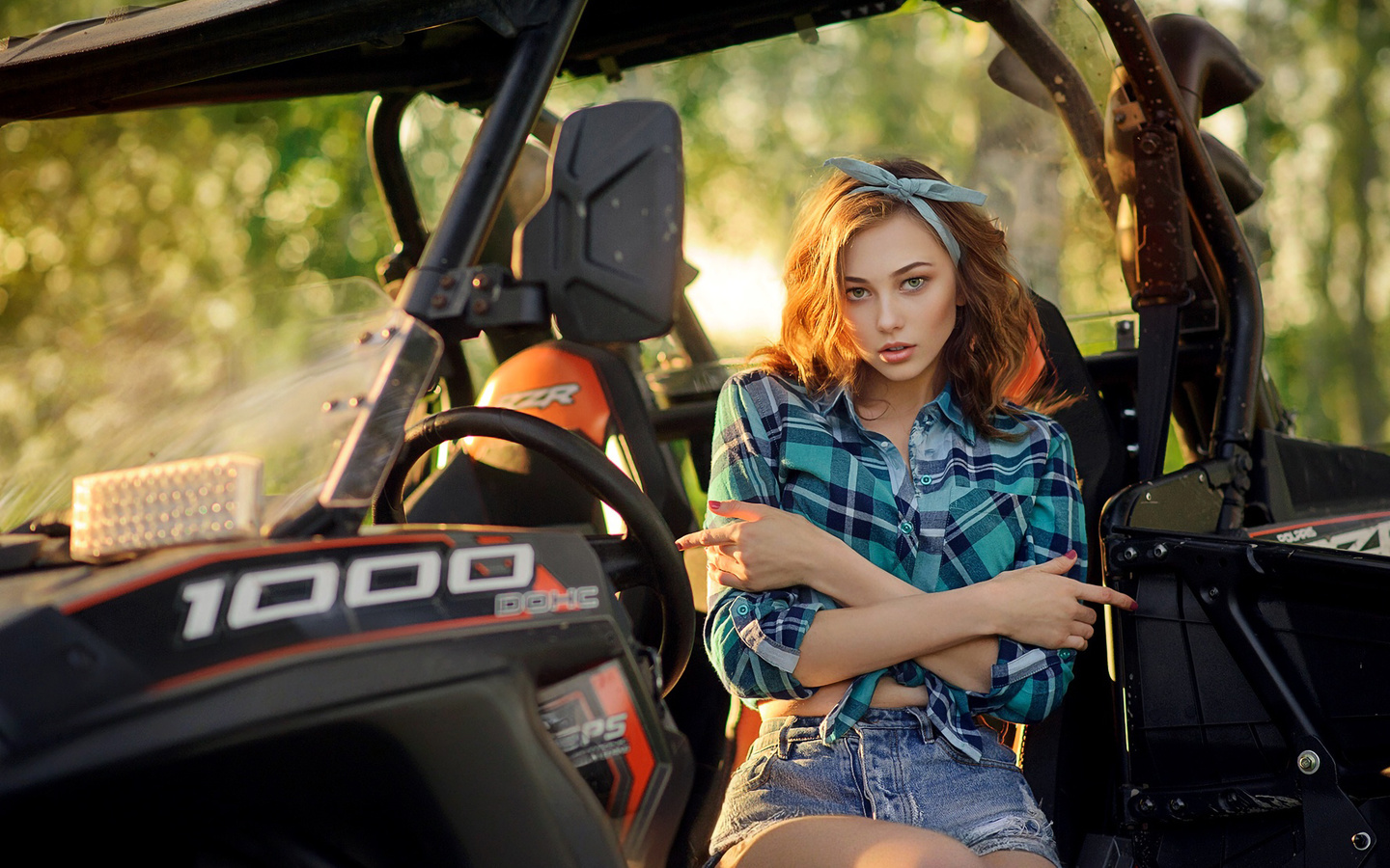 ,  , denis lytkin, polaris rzr xp 1000, blonde, jean shorts, plaid shirt, model, women with cars, women outdoors, bokeh, arms crossed