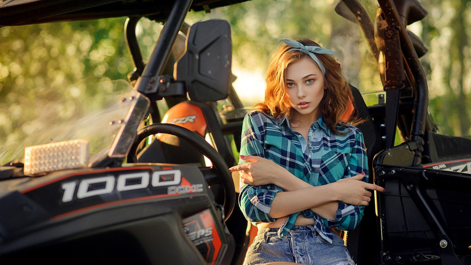 ,  , denis lytkin, polaris rzr xp 1000, blonde, jean shorts, plaid shirt, model, women with cars, women outdoors, bokeh, arms crossed