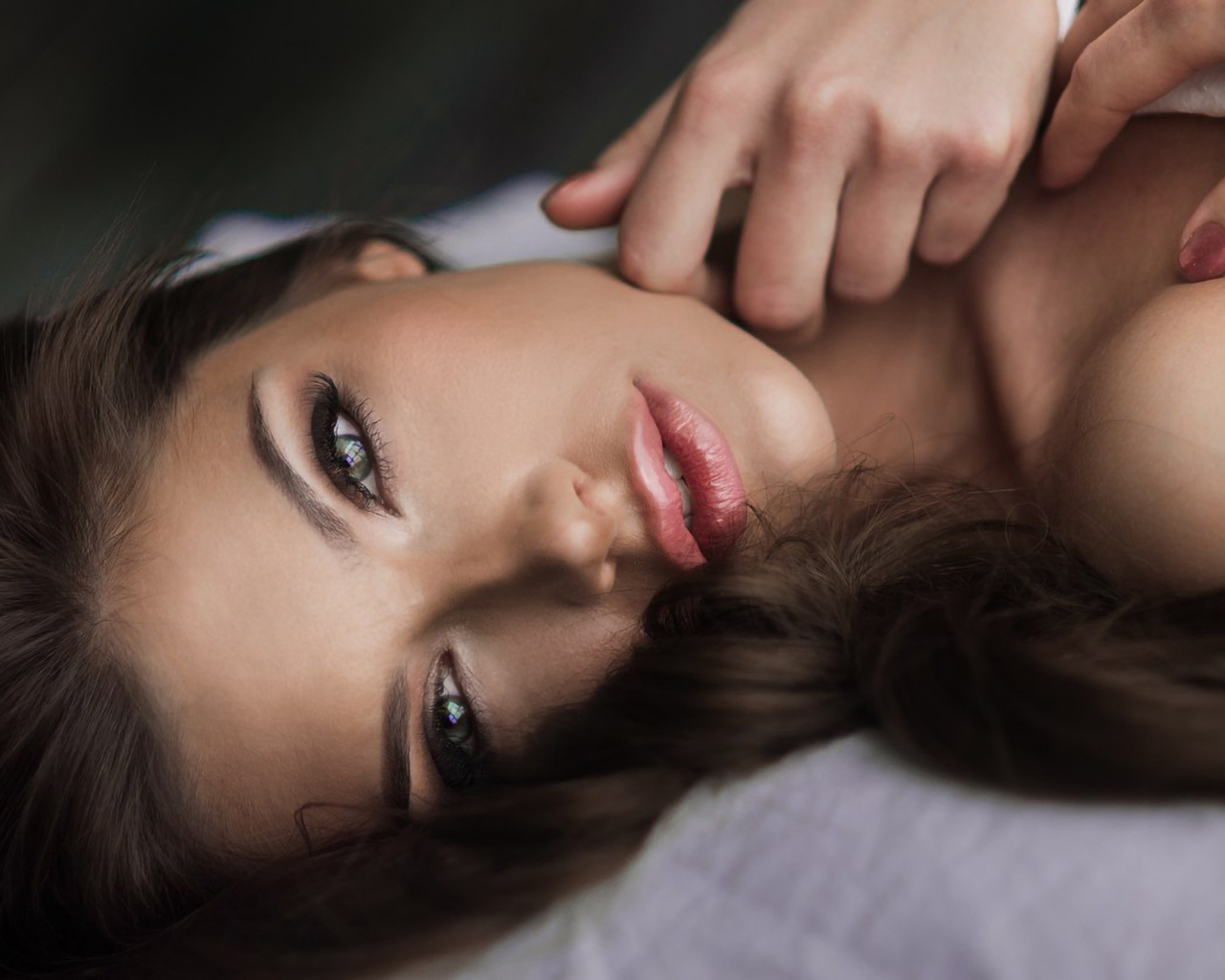 dmitry belyaev, model, , face, brunette, lips, makeup, beautiful, women, lying on back, long hair