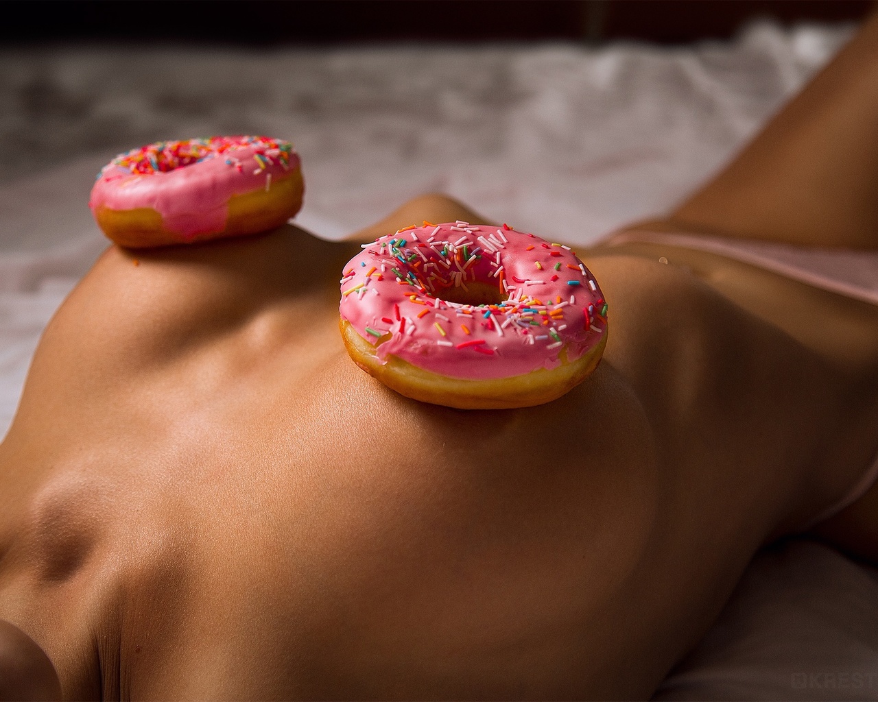 , evgeniy krestyanov, viktoria ryzhova, brunette, hips, pink panties, in bed, model, no bra, doughnuts, ass, indoors, lying on back, boobs