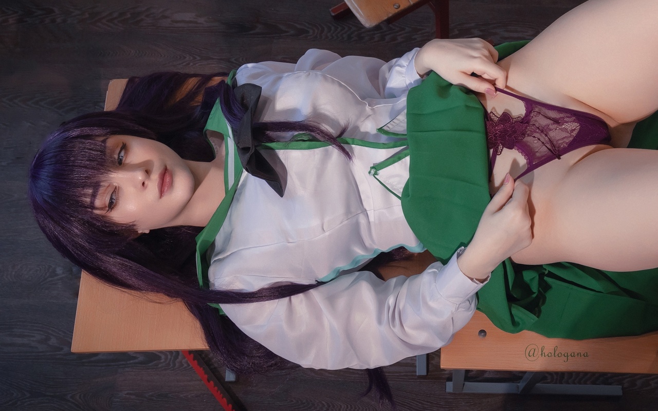 , hologana, cosplay, busujima saeko, model, anime girls, highschool of the dead, hips, school uniform, women indoors, purple panties, ass, chair, lying on back, classroom, purple hair, anime, purple lingerie