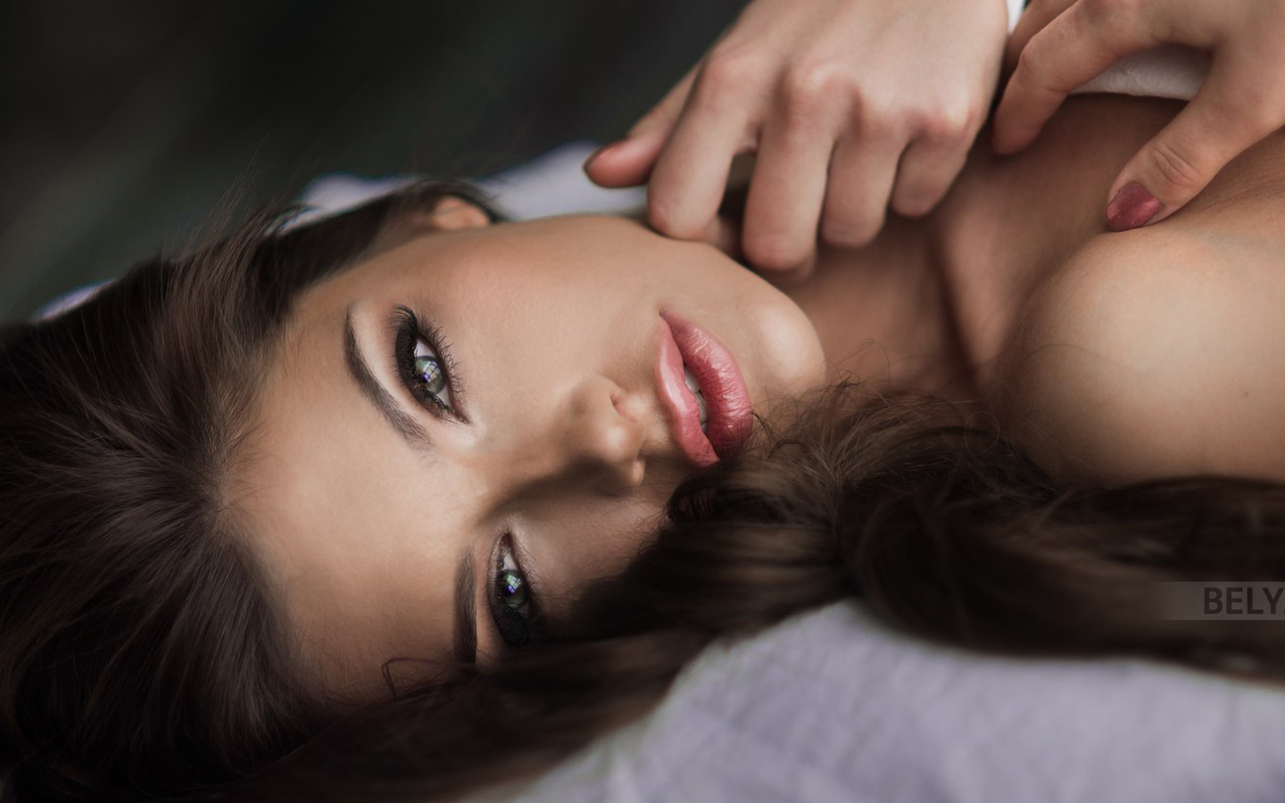 dmitry belyaev, model, , face, brunette, lips, makeup, beautiful, women, lying on back, long hair