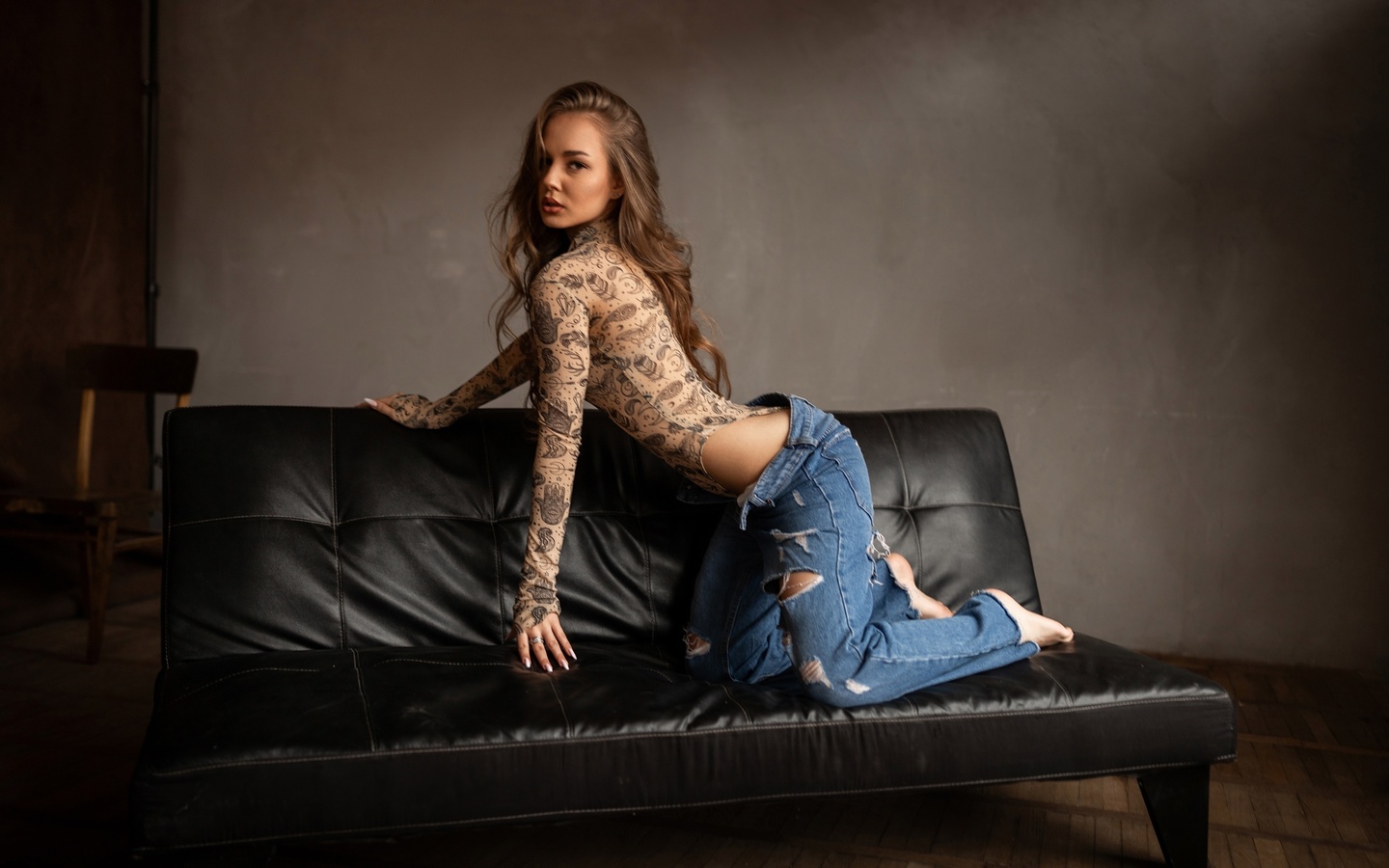 , black couch, open jeans, hips, bodysuit, bent over, model, jeans, torn jeans, red lipstick, brunette