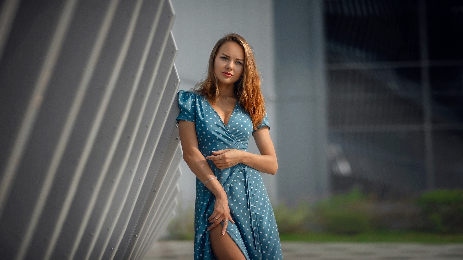 , denis lytkin, polka dots, blonde, women outdoors, blue dress, model, looking at viewer, public