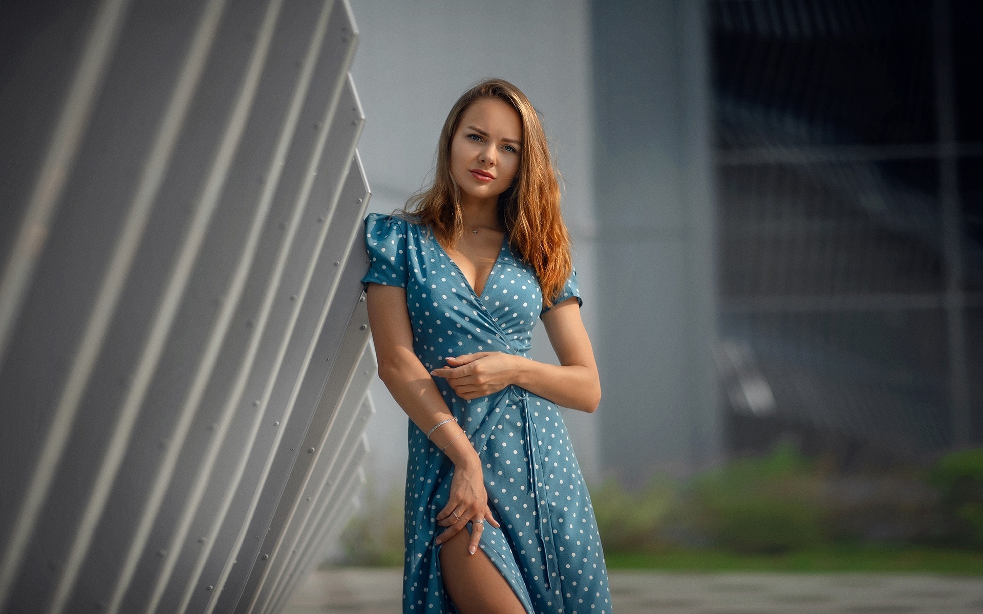 , denis lytkin, polka dots, blonde, women outdoors, blue dress, model, looking at viewer, public