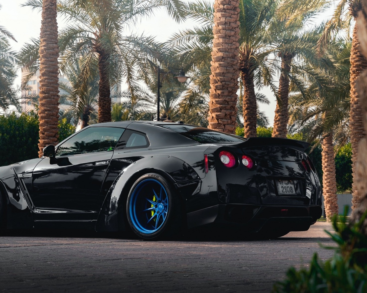 black, nissan, gtr, road, palm trees, blue rims