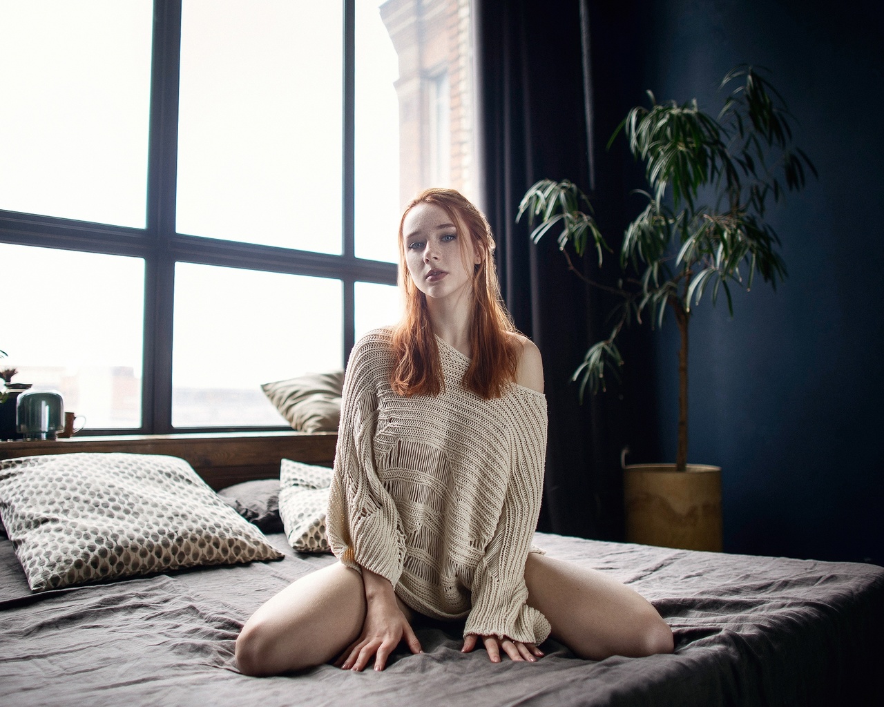 maksim chuprin, , elizaveta kurilko, in bed, window, indoors, model, sweater, redhead, plants