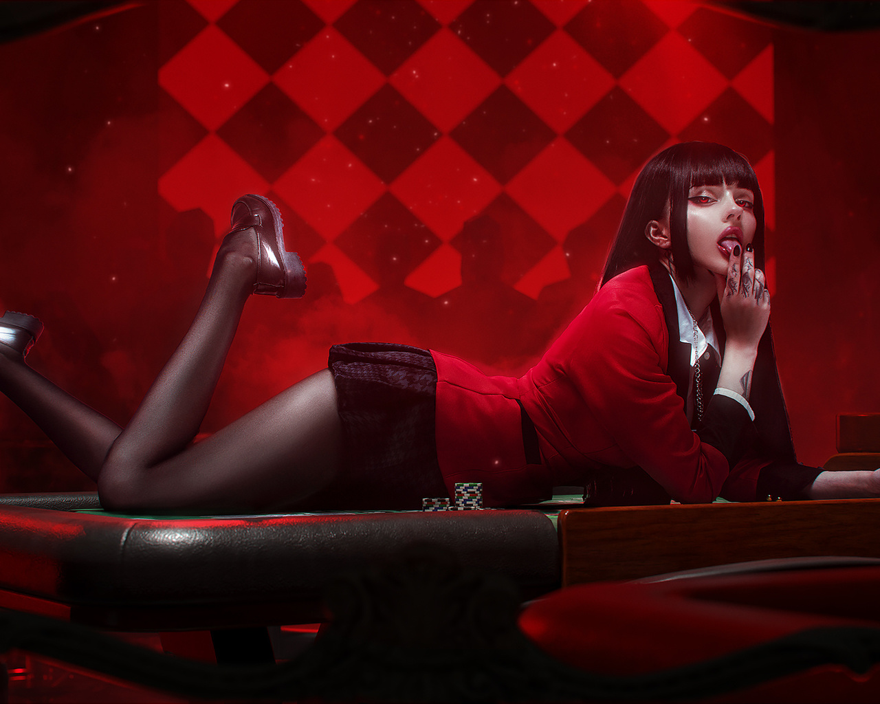 , jabami yumeko, anime girls, alin ma, model, cosplay, red eyes, kakegurui, xenon