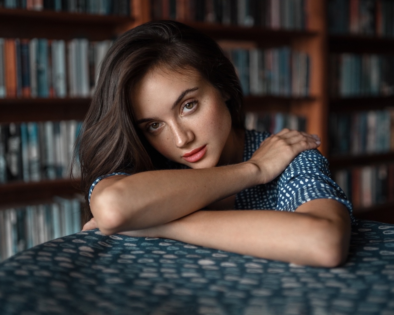 brunette, bookstore, , model, blue dress, women indoors, books, face, red lipstick, beautiful