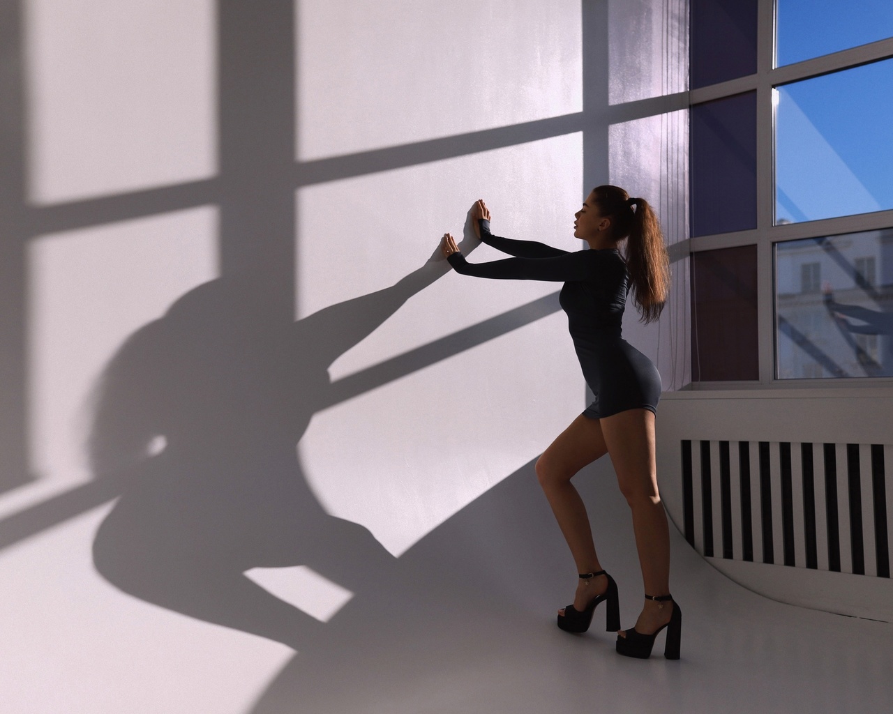 minidress, brunette, , studio, window, black minidress, ponytail, closed eyes, ass, women indoors, sky, model