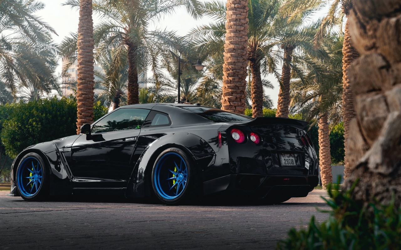 black, nissan, gtr, road, palm trees, blue rims