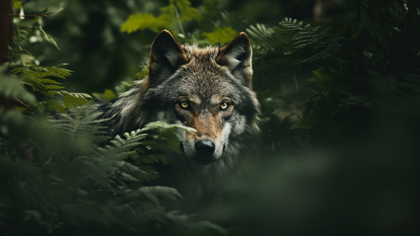 wolf, trees, animal, pose, eyes