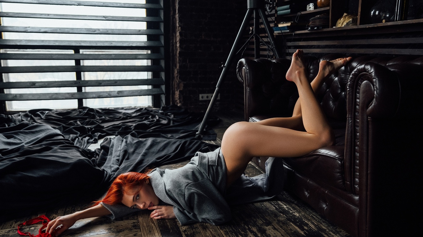 aleksey trifonov, redhead, red lingerie, , on the floor, women indoors, ass, red bra, model, red panties, wooden surface, hips, couch, coats, window