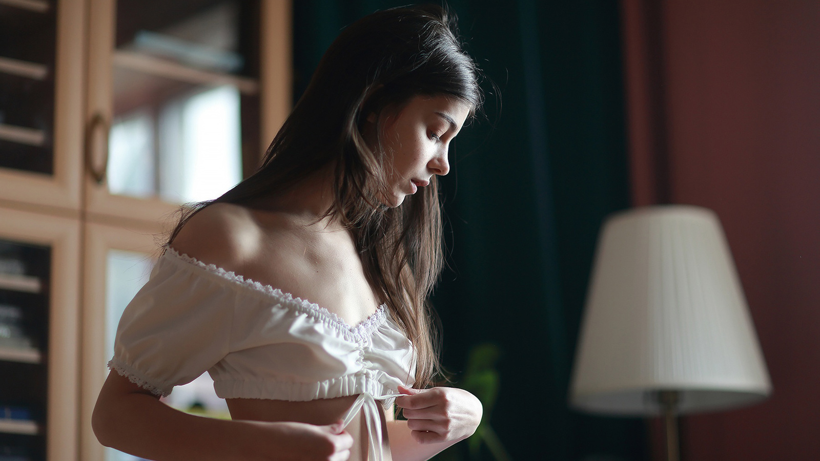 , brunette, vladimir lapshin, white clothing, women indoors, model, lamp