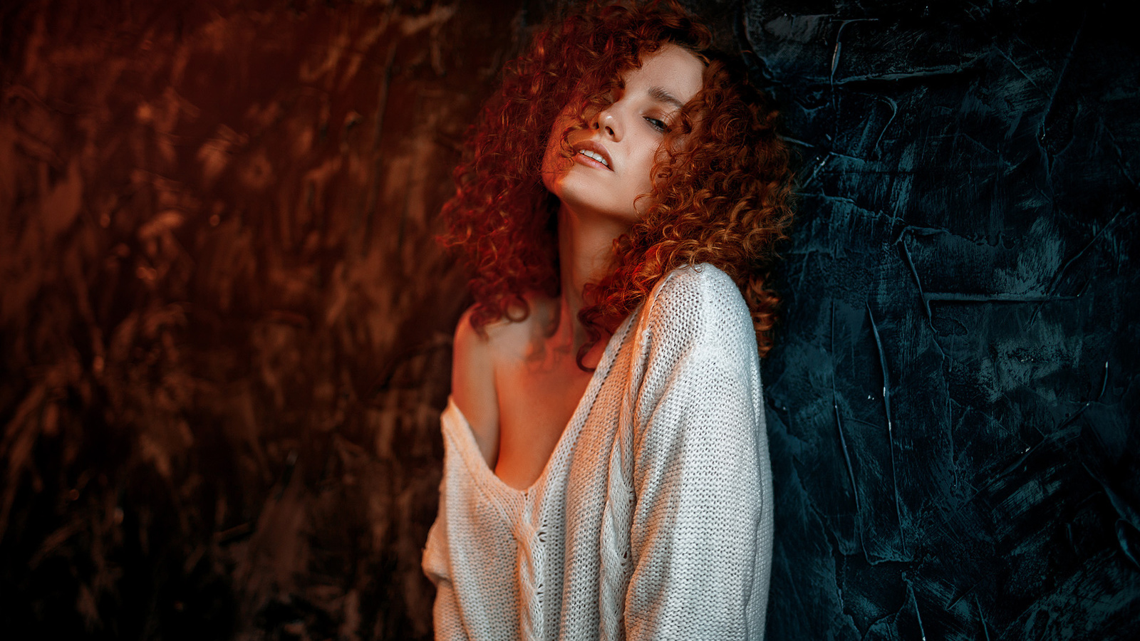 dmitry noer, curly hair, , redhead, white sweater, model, sweater