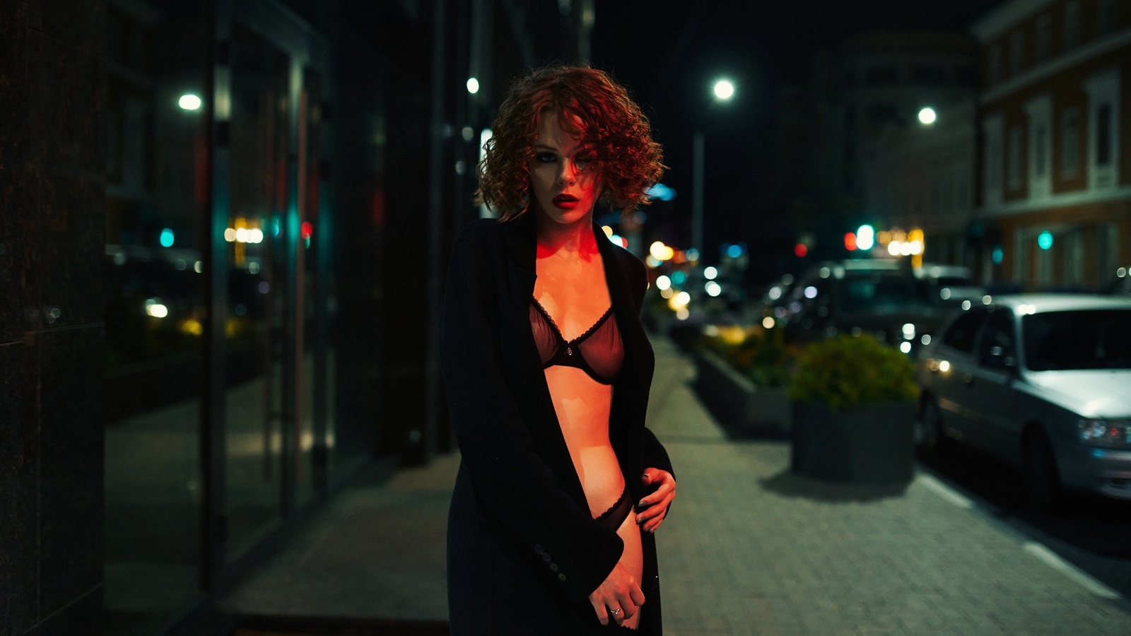 bra, women outdoors, public, , hips, brunette, panties, bokeh, night, lingerie, car, urban, black coat, model