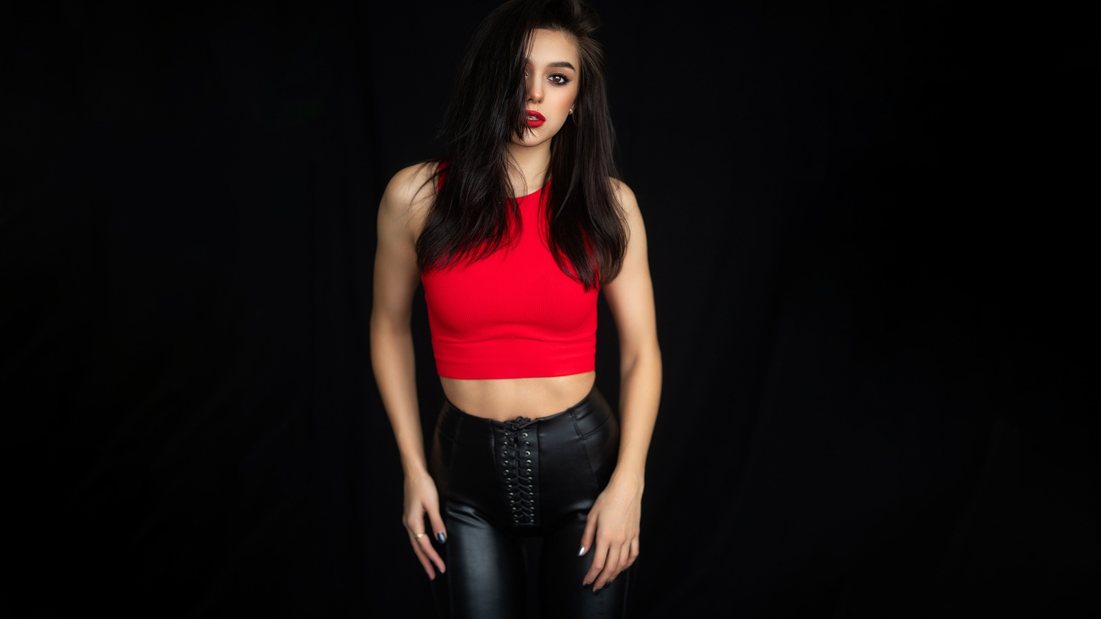 dmitry shulgin, model, studio, , women indoors, leather pants, red lipstick, black background, simple background, brunette, red tops, makeup