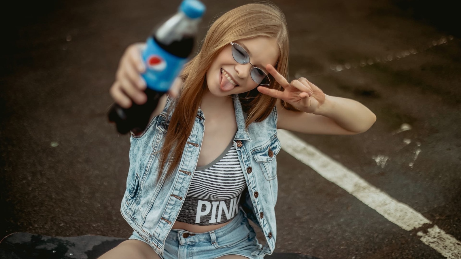 blonde, women outdoors, closed eyes, , skateboard, pepsi, skateboarding, women with glasses, jeans shorts, model, sitting, public, denim, legs, denim jacket, tongue out, tongues