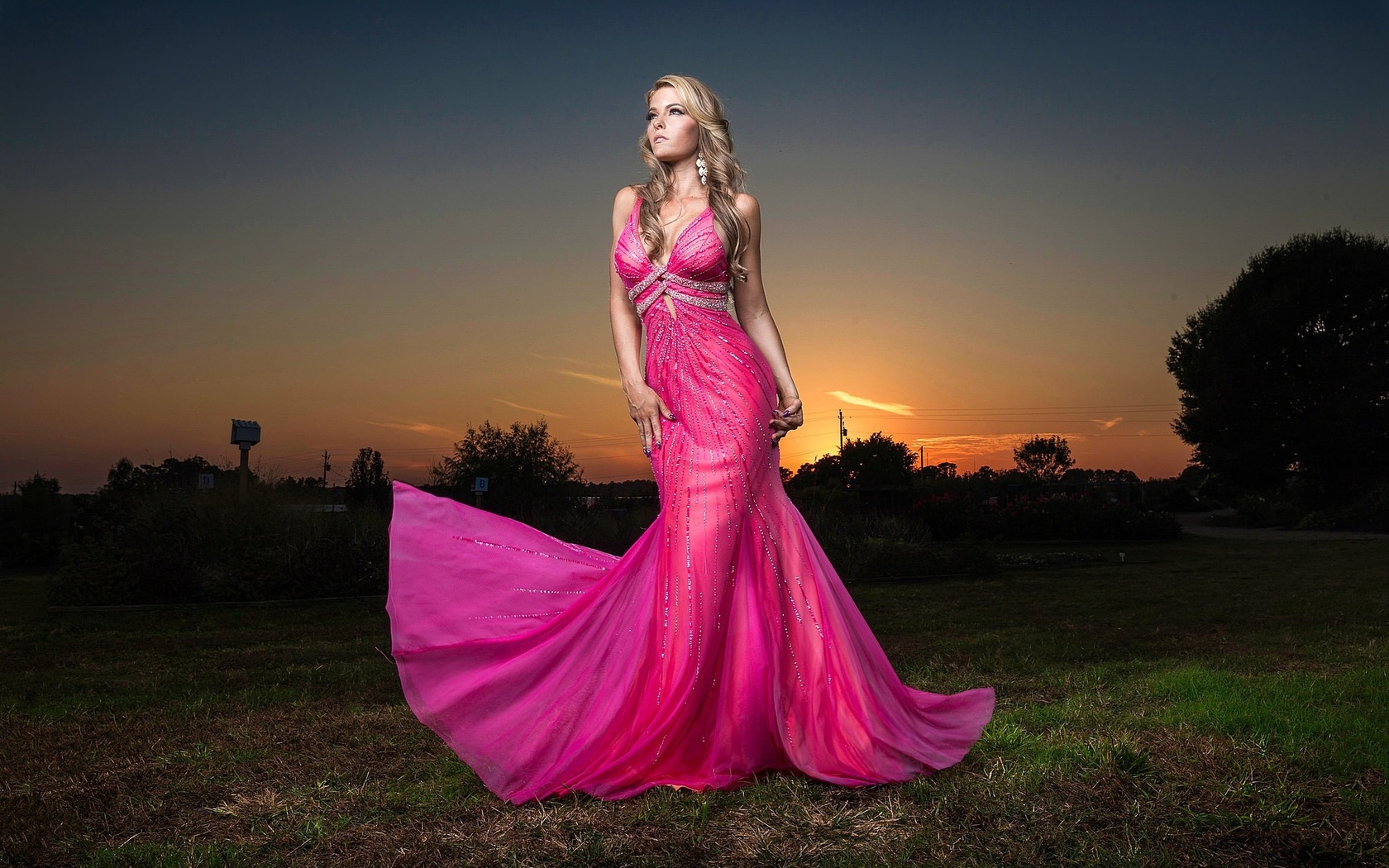 model, outdoors, pink dress, blonde, long hair, earrings