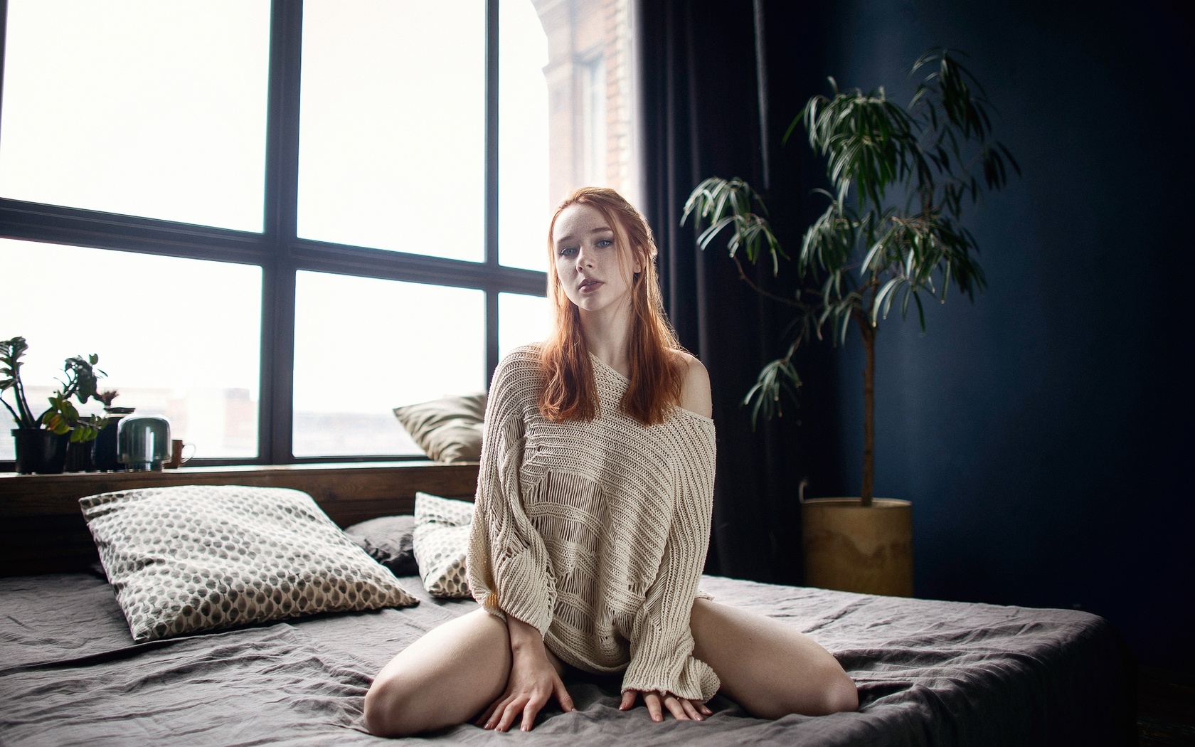 maksim chuprin, , elizaveta kurilko, in bed, window, indoors, model, sweater, redhead, plants