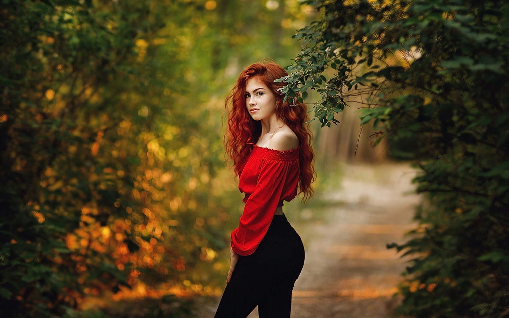 , forest, redhead, nature, black jeans, blouse, model, trees, women outdoors, red blouse, black pants, looking at viewer