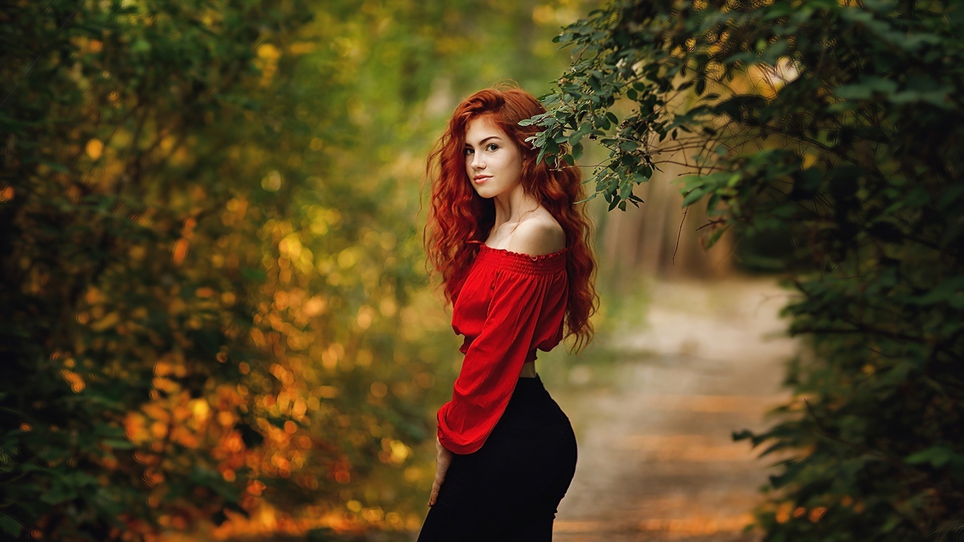 , forest, redhead, nature, black jeans, blouse, model, trees, women outdoors, red blouse, black pants, looking at viewer